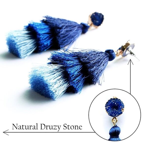 14K Yellow Gold with Blue Ombre Silk Thread Tassel and Quartz Druzy Earrings - Picture 3 of 8